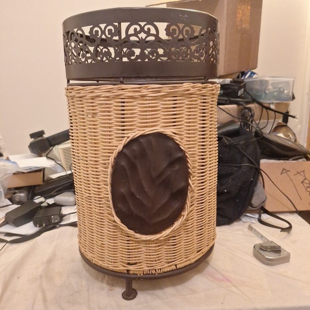 Vintage Wicker Basket Waste Trash Can Metal Decoration On Front And Top